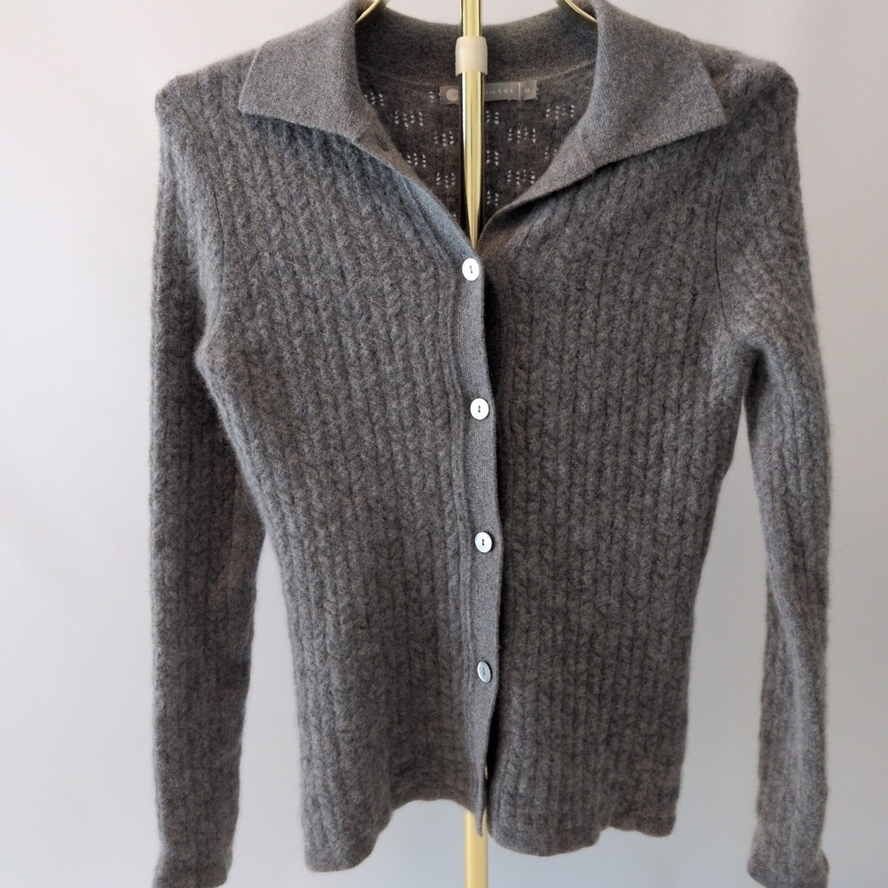 In Cashmere Polo Cardigan Women Medium Gray Cable Knit Button Up Sweater Luxury
